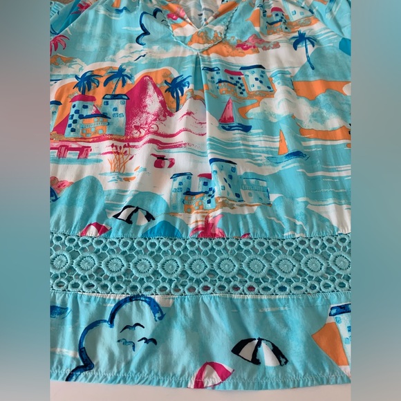 Crown & Ivy Belk Beach Print 3/4 Juliet Sleeves Crochet Inset Rayon Blouse XL - Picture 9 of 11